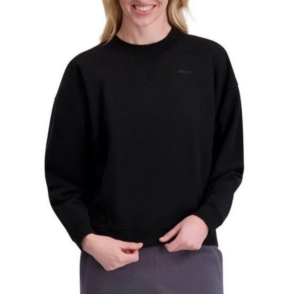 DKNY Women's Logo Fleece Crewneck Black Large NWT